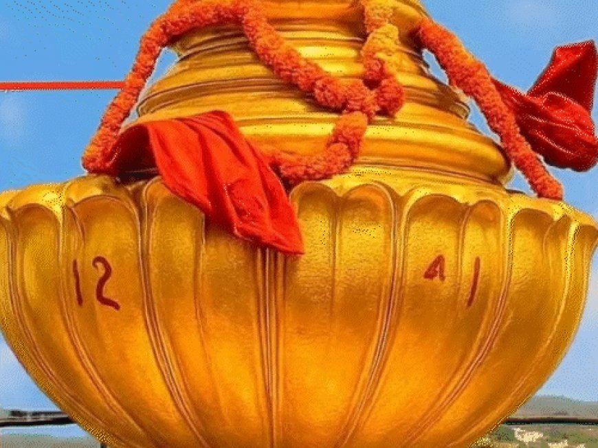 અયોધ્યામાં રામ મંદિરનું શિખર સોનાથી ઝળહળ્યું:સોનાથી જડેલો કળશ દૂરથી જ ચમકી રહ્યો છે; 5 જૂને રામ દરબારની પ્રાણપ્રતિષ્ઠા કરાશે