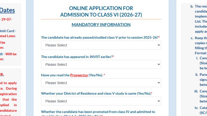 JNVST Class 6 Admission 2026: Registration window open at cbseitms.rcil.gov.in, direct link here